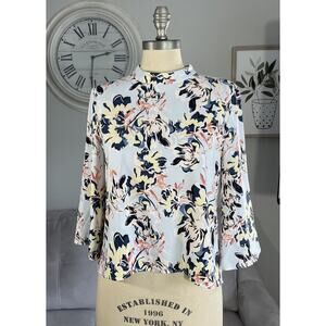 Halogen Womens Floral Print High Neck Top Blouse Shirt Size XS 3/4 Sleeve